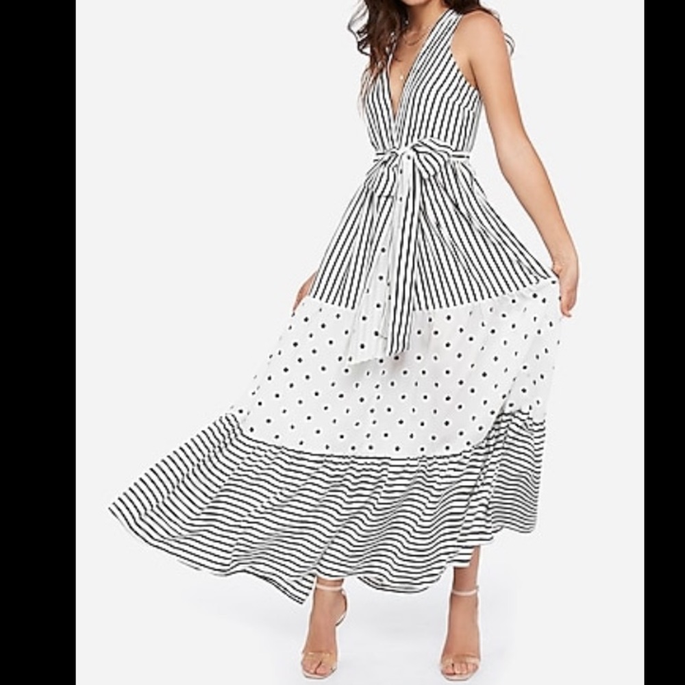 Tie Waist Maxi Dress - Stripe and Polka Dot